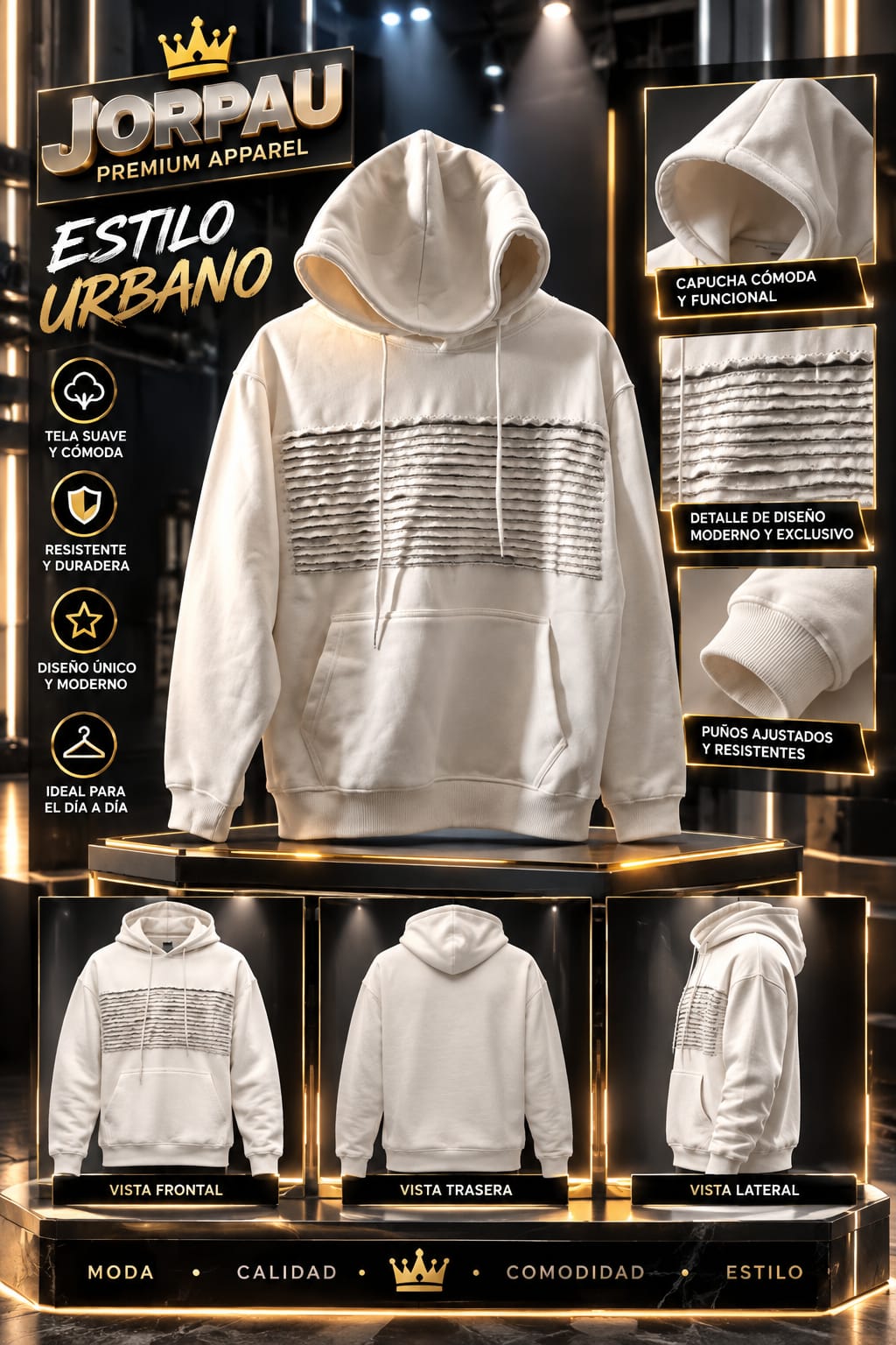 Modelo usando buso urbano JORPAU Premium Apparel color beige