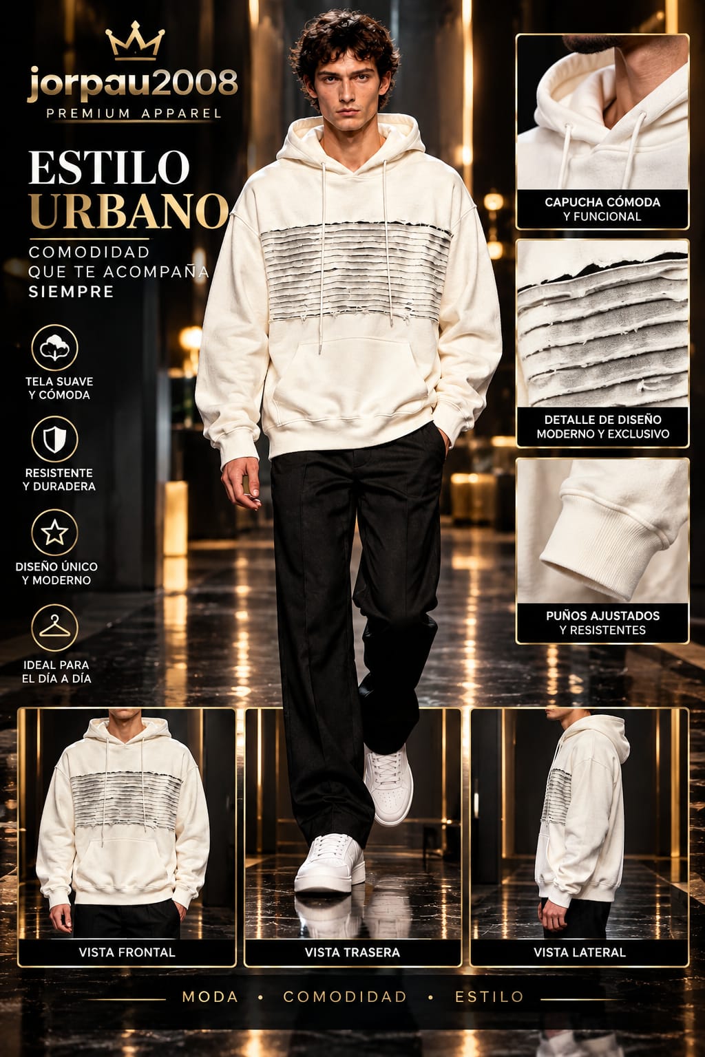 Buso Urbano JORPAU Premium Apparel - Estilo urbano, capucha, detalles en relieve y puños ajustados